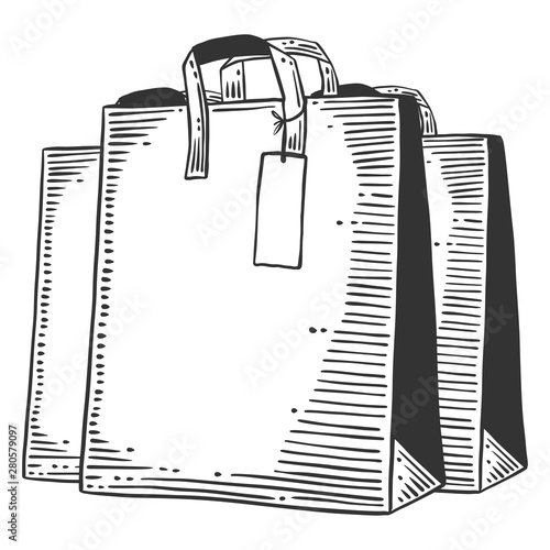 Paper bag for shopping or presents. Vector concept in doodle and sketch style. Hand drawn illustration for printing on T-shirts, postcards.