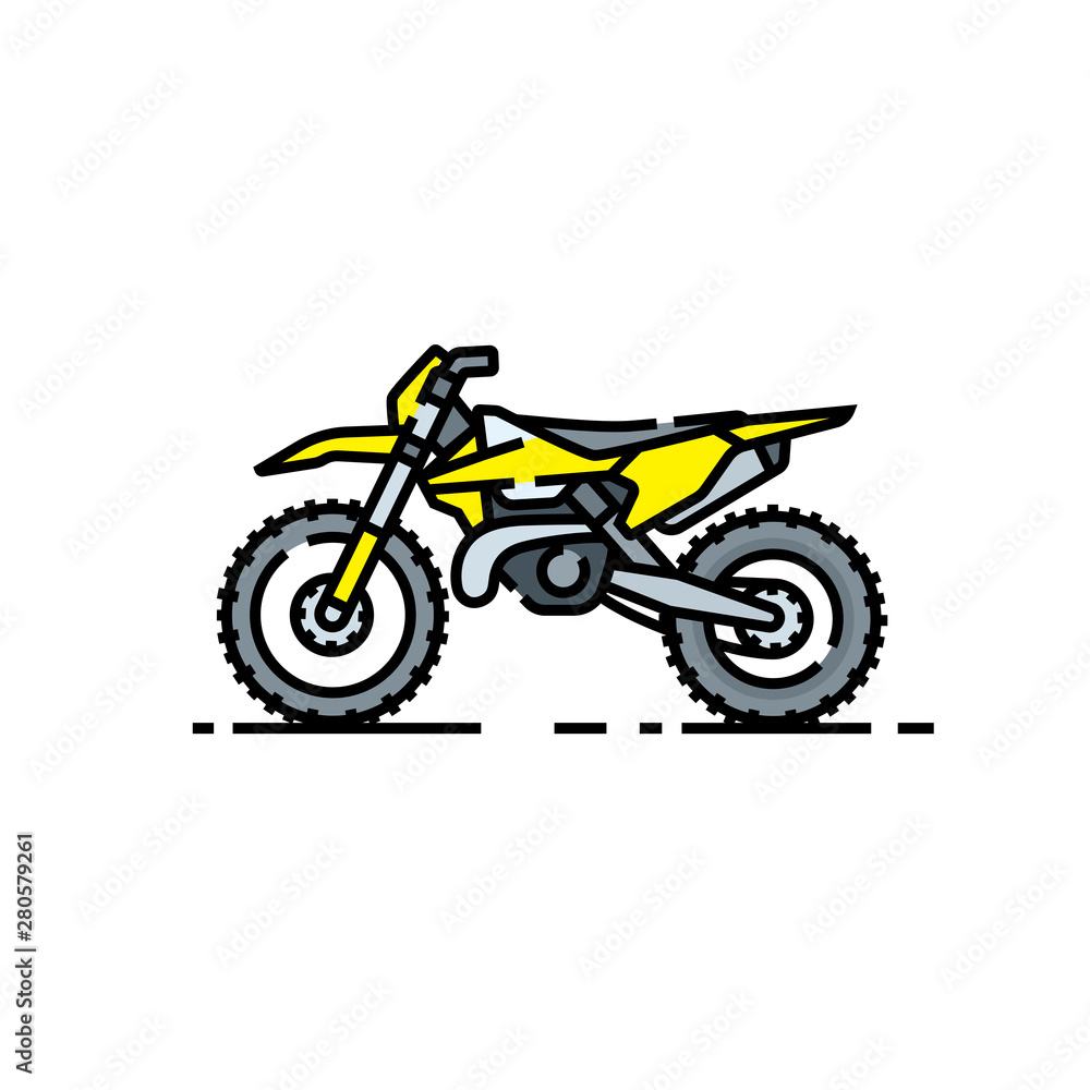 Dirtbike line icon. Offroad motorcycle symbol. Motorcross bike sign. Yellow enduro motorbike graphic. Vector illustration. Dirtbike line icon. Offroad motorcycle symbol. Motorcross bike sign. Yellow enduro motorbike graphic. Vector illustration.