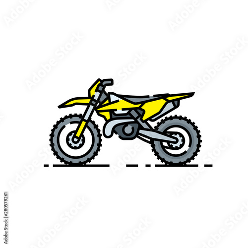Dirtbike line icon. Offroad motorcycle symbol. Motorcross bike sign. Yellow enduro motorbike graphic. Vector illustration.