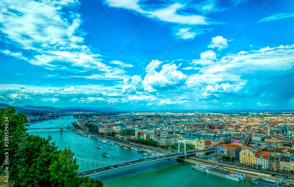 Budapest, Hungary - July 14, 2019: the Danube River bridges and the panorama of Budapest, the capital of Hungary, in the summer. A tourist trip to the ancient metropolitan cities of Europe