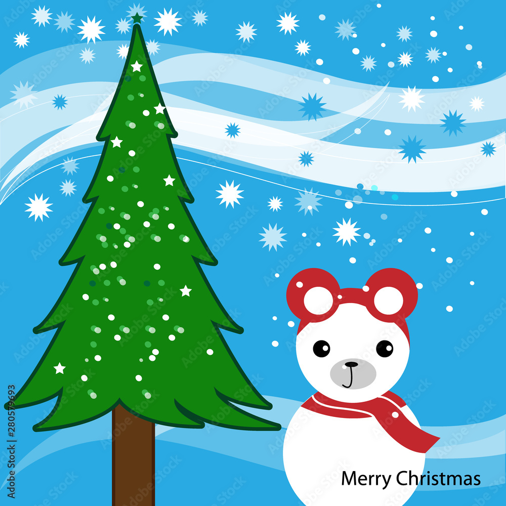 Christmas card. Snowbear and the Tree. winter background with snowflakes. Christmas illustration. Christmas card. Snowbear and the Tree. winter background with snowflakes. Christmas illustration.