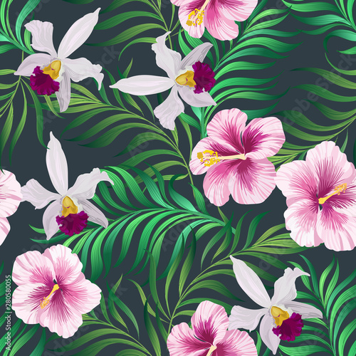 Exotic tropical flowers coral hibiscus palm leaves pattern seamless. Jungle vector vintage wallpaper