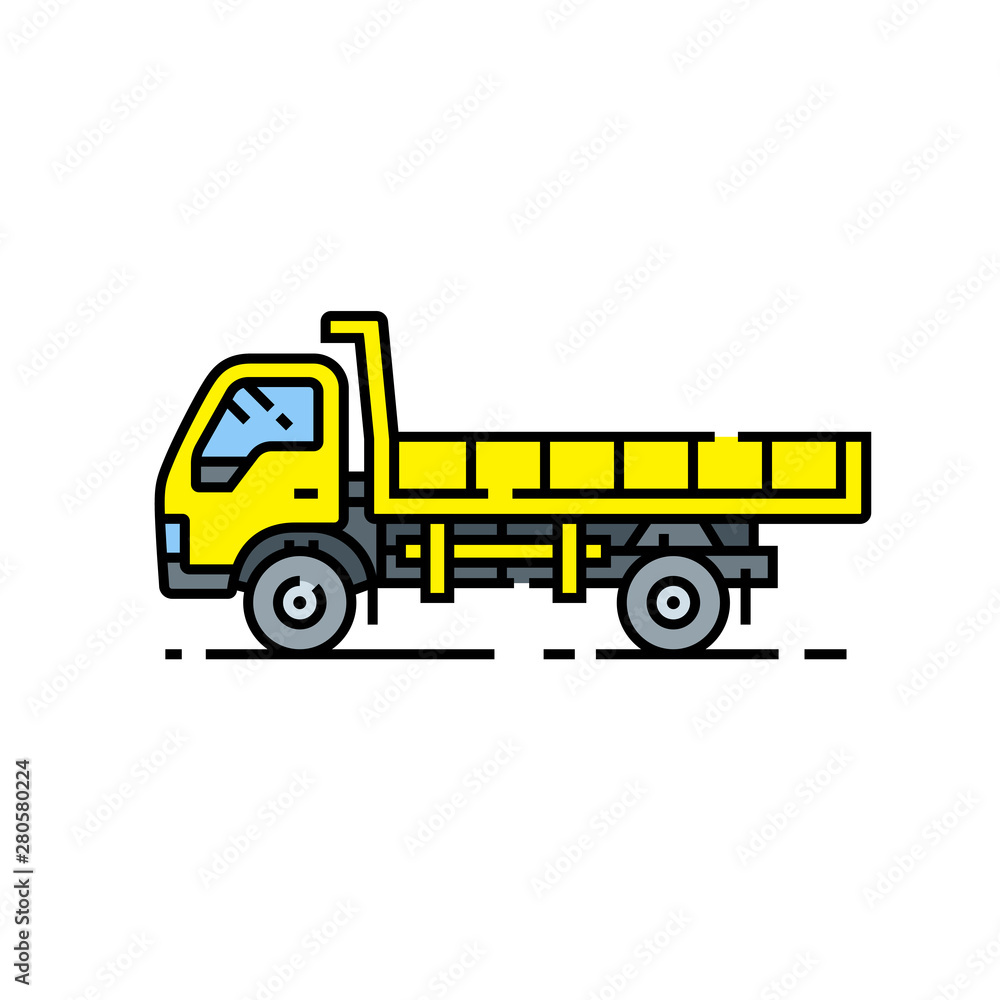 Yellow dump truck line icon. Tipper lorry symbol. Large yellow construction vehicle sign. Vector illustration.