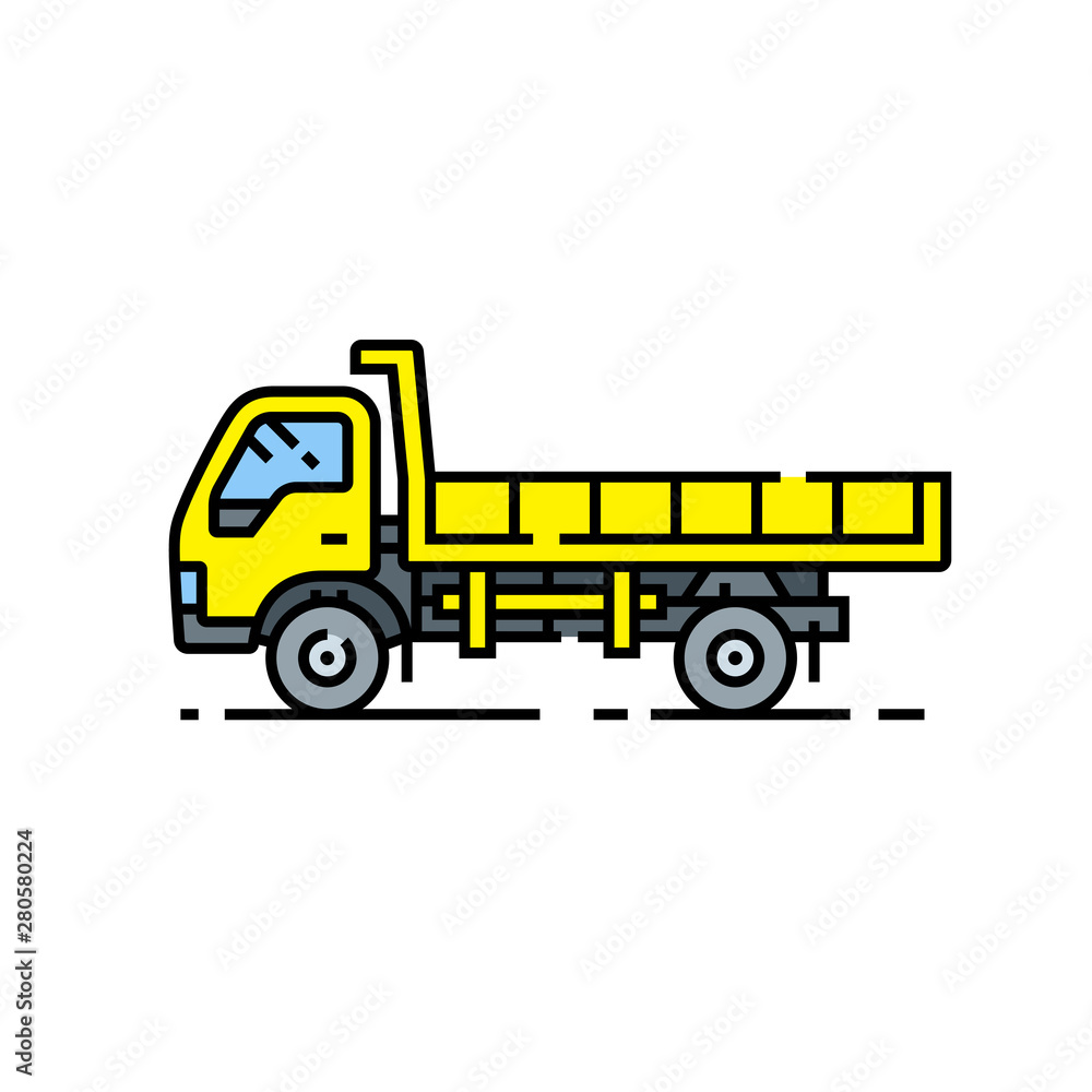Yellow dump truck line icon. Tipper lorry symbol. Large yellow construction vehicle sign. Vector illustration. Yellow dump truck line icon. Tipper lorry symbol. Large yellow construction vehicle sign. Vector illustration.