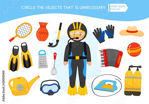 Educational game for children. Cartoon diver. Circle the objects that is unnecessary. 