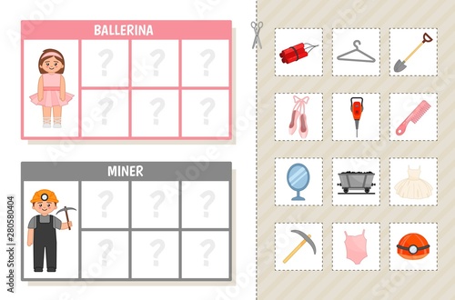 Matching children educational game. Learning cards. Match objects and professions. Activity for pre sсhool years kids and toddlers.