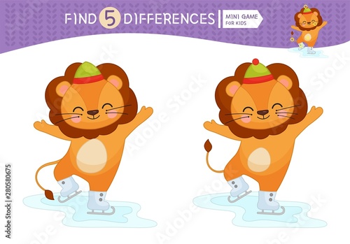 Find differences.  Educational game for children. Cartoon vector illustration of cute lion.
