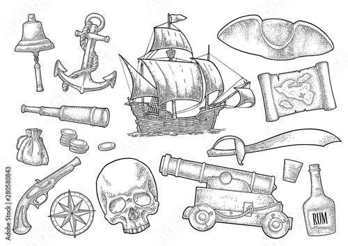 Set pirate adventure. Vector color vintage engraving