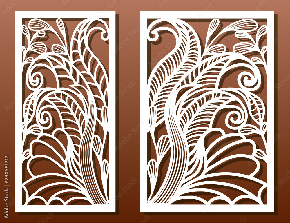 Laser cut panels with floral pattern. Die templates, cutout for wood