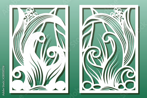 Laser cut panels with floral pattern. Die templates, cut-out for wood or metal decor or fretwork