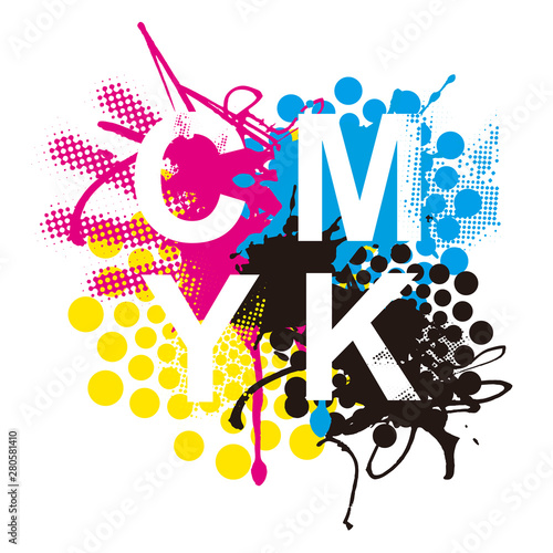  CMYK print colors expressive background.  CMYK cyan magenta yellow black inks and sign CMYK on white background. Concept for presenting color printing. Vector available.