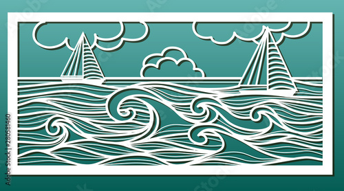 Laser cut template. Stencil for wood or metal cutting or carving, paper art, wall decorative panel for interior design. Sea landscape with waves and sailboat. Vector illustration