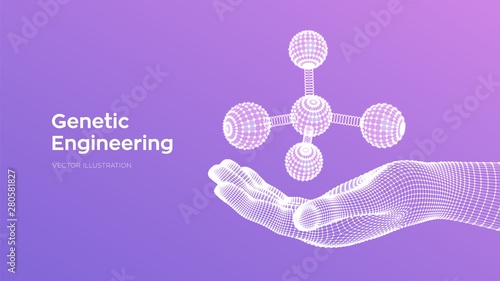 Molecule in hand. Dna, atom, neurons. Molecules and chemical formulas. 3D Scientific molecule background for medicine, science, technology, chemistry, biology. Vector illustration.