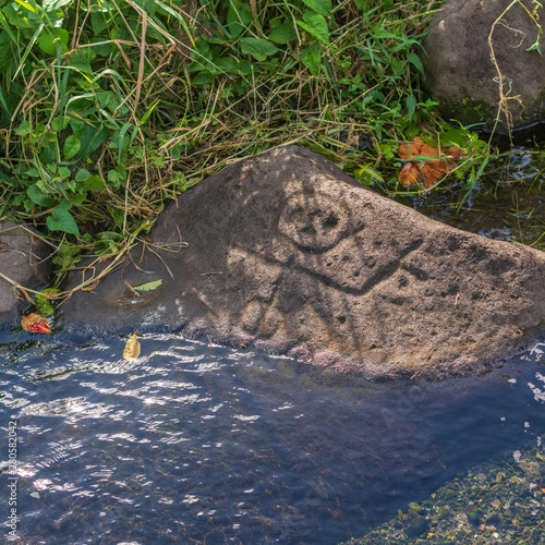 Roches gravées précolombiennes dans une fontaine à Trois rivières Guadeloupe