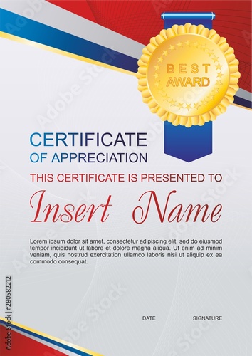 Vector template certificate of appreciation  with colorful stripy pattern and place for text. Design usable for diploma for best student, invitation, gift voucher, coupon, official or different awards