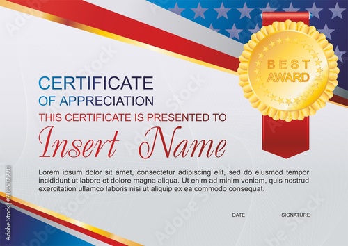 Vector template certificate of appreciation  with colorful stripy pattern and place for text. Design usable for diploma for best student, invitation, gift voucher, coupon, official or different awards