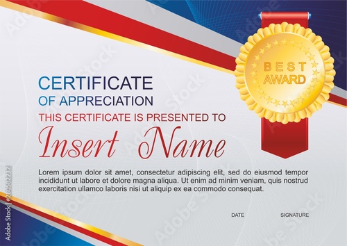 Vector template certificate of appreciation  with colorful stripy pattern and place for text. Design usable for diploma for best student, invitation, gift voucher, coupon, official or different awards