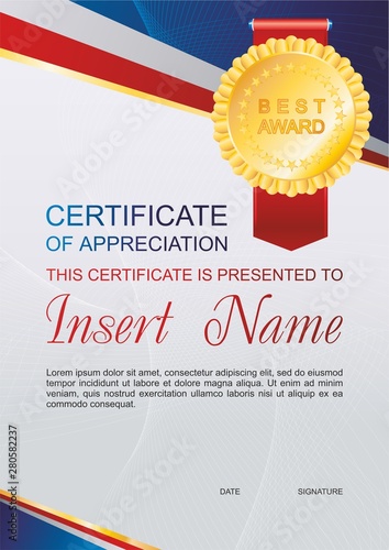 Vector template certificate of appreciation  with colorful stripy pattern and place for text. Design usable for diploma for best student, invitation, gift voucher, coupon, official or different awards
