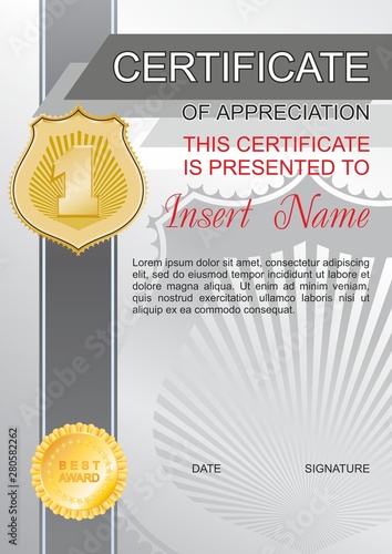 Vector template certificate of appreciation  with colorful stripy pattern and place for text. Design usable for diploma for best student, invitation, gift voucher, coupon, official or different awards
