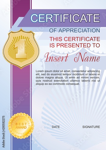 Vector template certificate of appreciation  with colorful stripy pattern and place for text. Design usable for diploma for best student, invitation, gift voucher, coupon, official or different awards