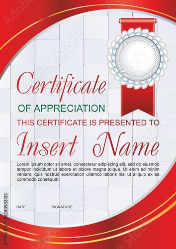Vector template certificate of appreciation  with colorful stripy pattern and place for text. Design usable for diploma for best student, invitation, gift voucher, coupon, official or different awards