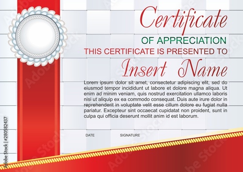 Vector template certificate of appreciation  with colorful stripy pattern and place for text. Design usable for diploma for best student, invitation, gift voucher, coupon, official or different awards