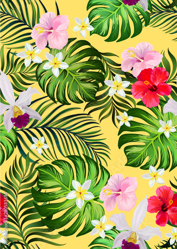Trendy vector pattern in tropical style. Seamless botanical print for textile  print  fabric on hand drawn background.