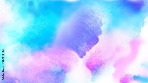 Beautiful colorful spots and blots appear on a white background. Bright blue, cyan, azure and pink paints spreads on paper forming an abstract drawing background with frames. 4K motion graphic.