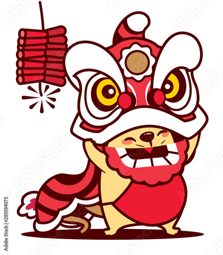 Cartoon cute rat playing lion dance with Chinese New Year  firecracker isolated  -  vector 