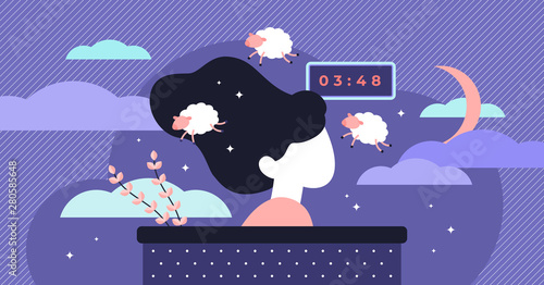 Insomnia vector illustration. Flat tiny sleep time problems persons concept