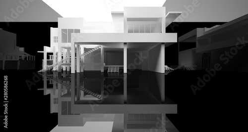 Abstract architectural white and black gloss interior of a minimalist house with large windows.. 3D illustration and rendering.