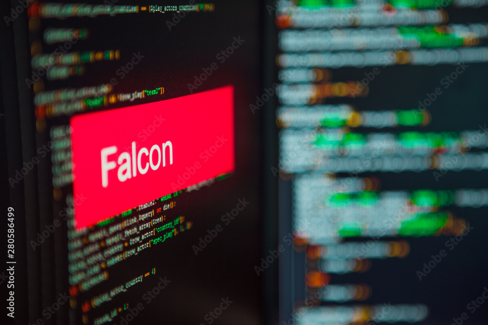 Programming language, Falcon inscription on the background of computer code. Programming language, Falcon inscription on the background of computer code.