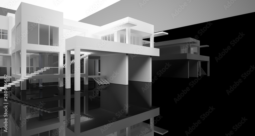 Abstract architectural white and black gloss interior of a minimalist house with large windows.. 3D illustration and rendering. Abstract architectural white and black gloss interior of a minimalist house with large windows.. 3D illustration and rendering.