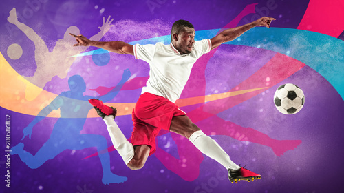 Male football or soccer player emotional while playing. Sportsmen attacking, fighting for the goal. Creative colorful collage. Movement, action, motion, sport and healthy lifestyle.