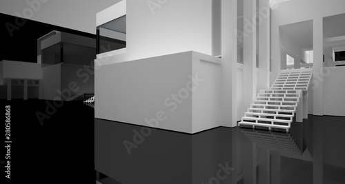 Abstract architectural white and black gloss interior of a minimalist house with large windows.. 3D illustration and rendering.