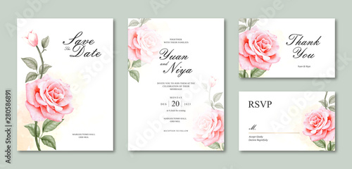 Watercolor rose flower invitation card template