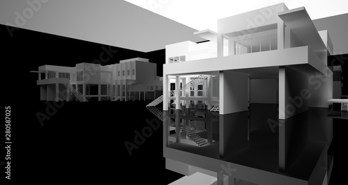 Abstract architectural white and black gloss interior of a minimalist house with large windows.. 3D illustration and rendering. © SERGEYMANSUROV