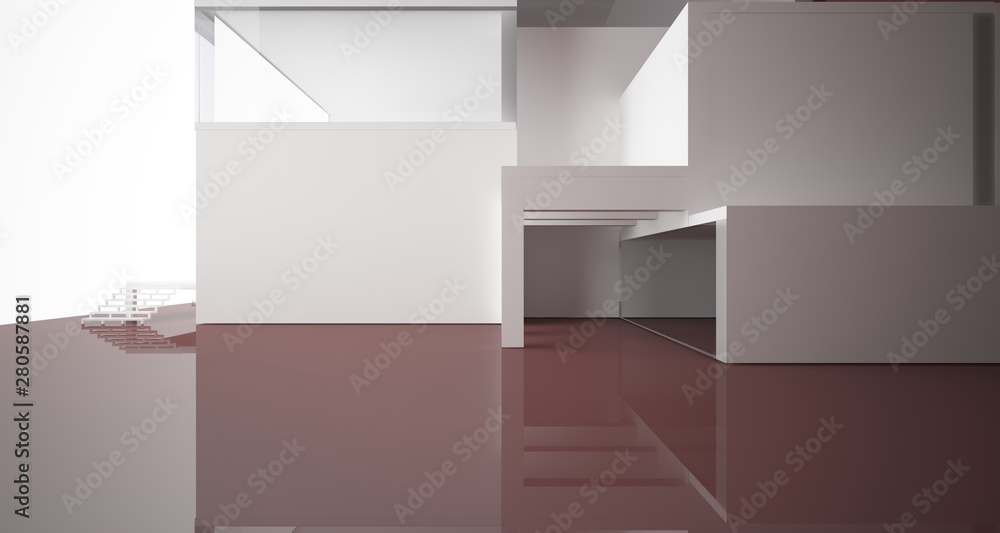 Abstract architectural white and brown gloss interior of a minimalist house with large windows.. 3D illustration and rendering. Abstract architectural white and brown gloss interior of a minimalist house with large windows.. 3D illustration and rendering.