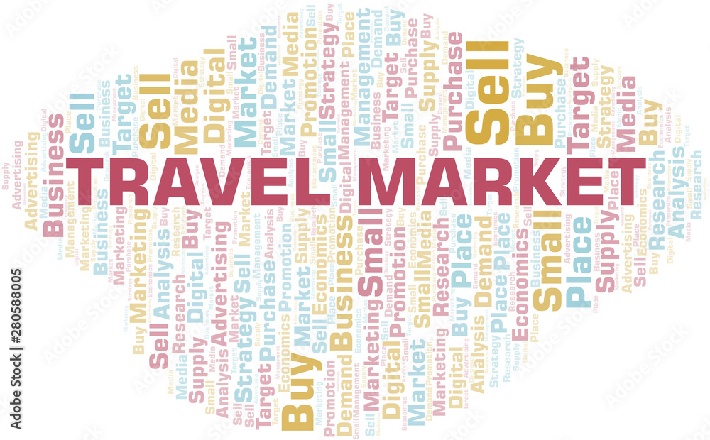 Travel Market word cloud. Vector made with text only.
