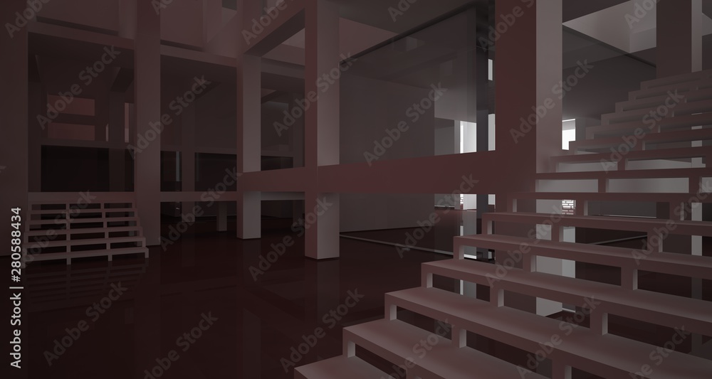 Fototapeta premium Abstract architectural white and brown gloss interior of a minimalist house with large windows.. 3D illustration and rendering.