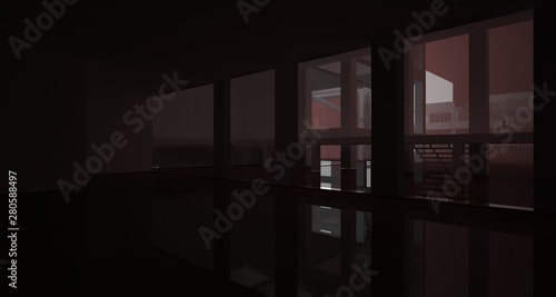 Abstract architectural white and brown gloss interior of a minimalist house with large windows.. 3D illustration and rendering.