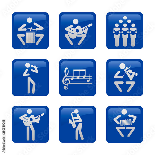 Musicians web icons, buttons. Set of nine blue web icons with musicians. Isolated on white background. Vector available
