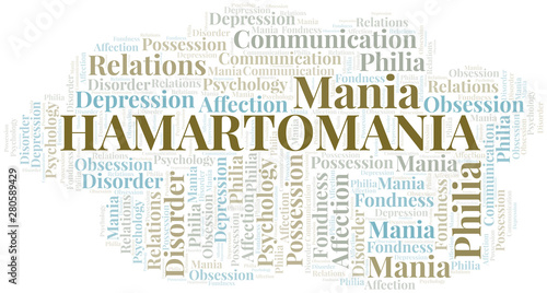 Hamartomania word cloud. Type of mania, made with text only.
