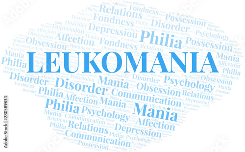 Leukomania word cloud. Type of mania, made with text only.