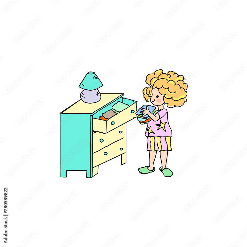 Kids ginger baby girl daily activity chore routine cartoon illustration