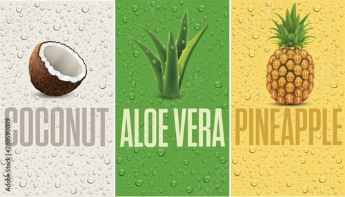 many fresh juice drops background with coconut, pineapple, aloe vera