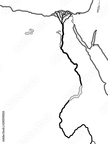 World Map of EGYPT and LIBYA: North Africa, Lower Egypt And Upper Egypt, The Nile River & its Delta. Geographic chart with sea coastline and abundant affluent fertile river.