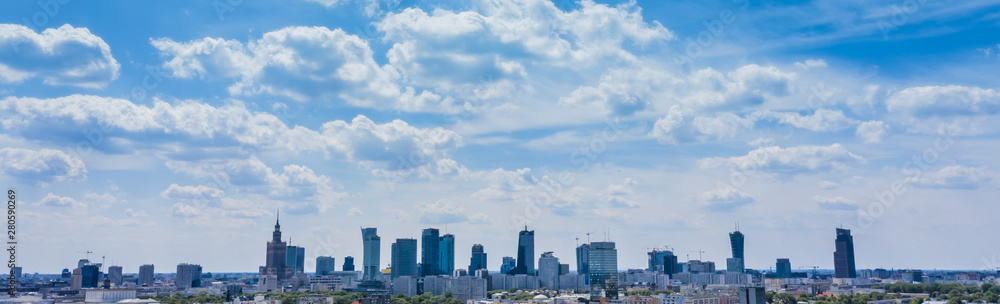 City skyline background. Aerial view of Warsaw capital city of Poland. From above, city view. Panorama of Warsaw cityscape. Europe. Aerial view