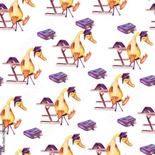 Seamless watercolor pattern back to school, student goose on white background. For design or print