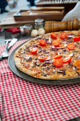 pizza cooked with standard cooked ham and mushrooms